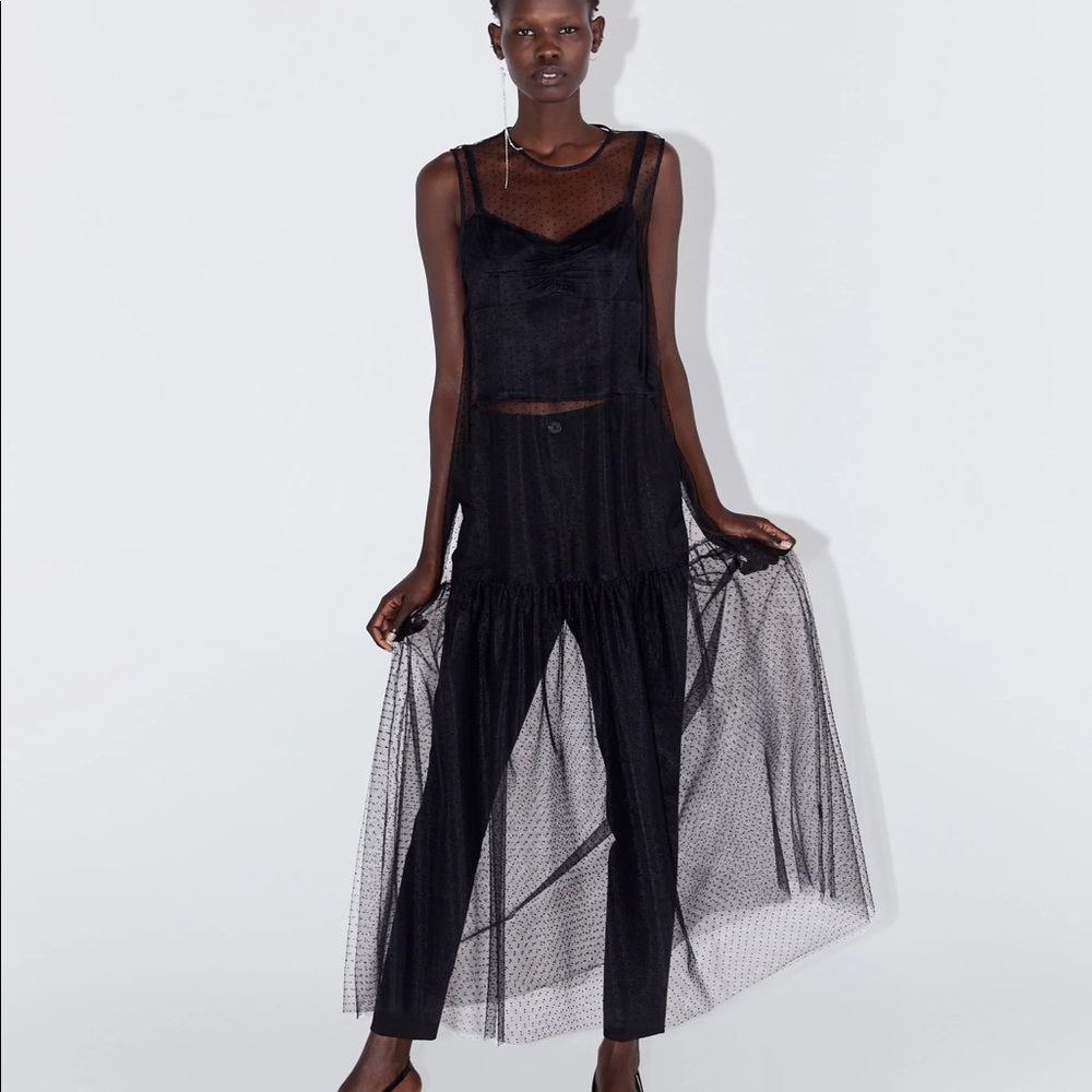 Zara Tulle Swiss Dot Sheer Dress in Black (Size M)
